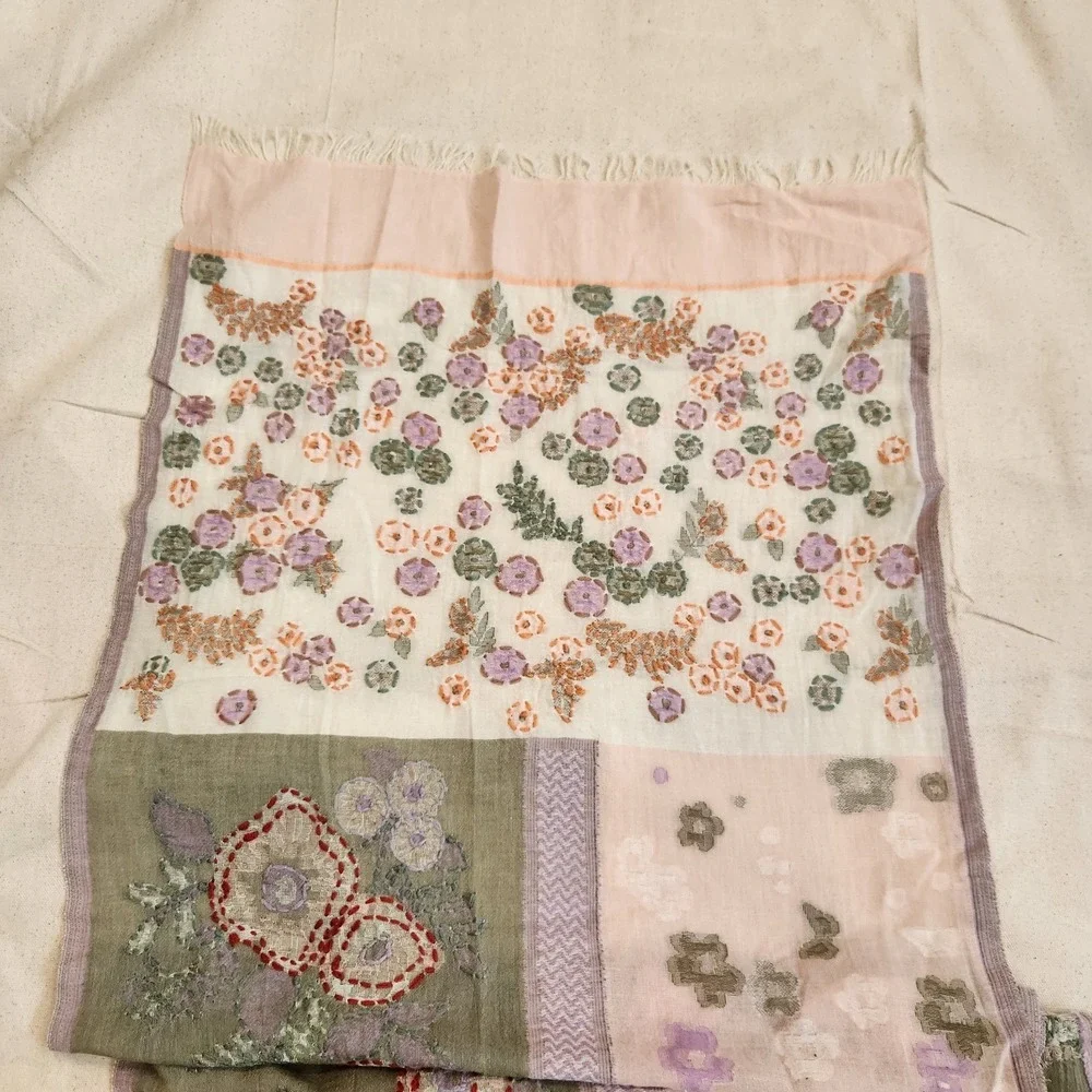 New J. Jill Cotton Floral Embroidered Fringe Scarf Pink Green Kantha Light